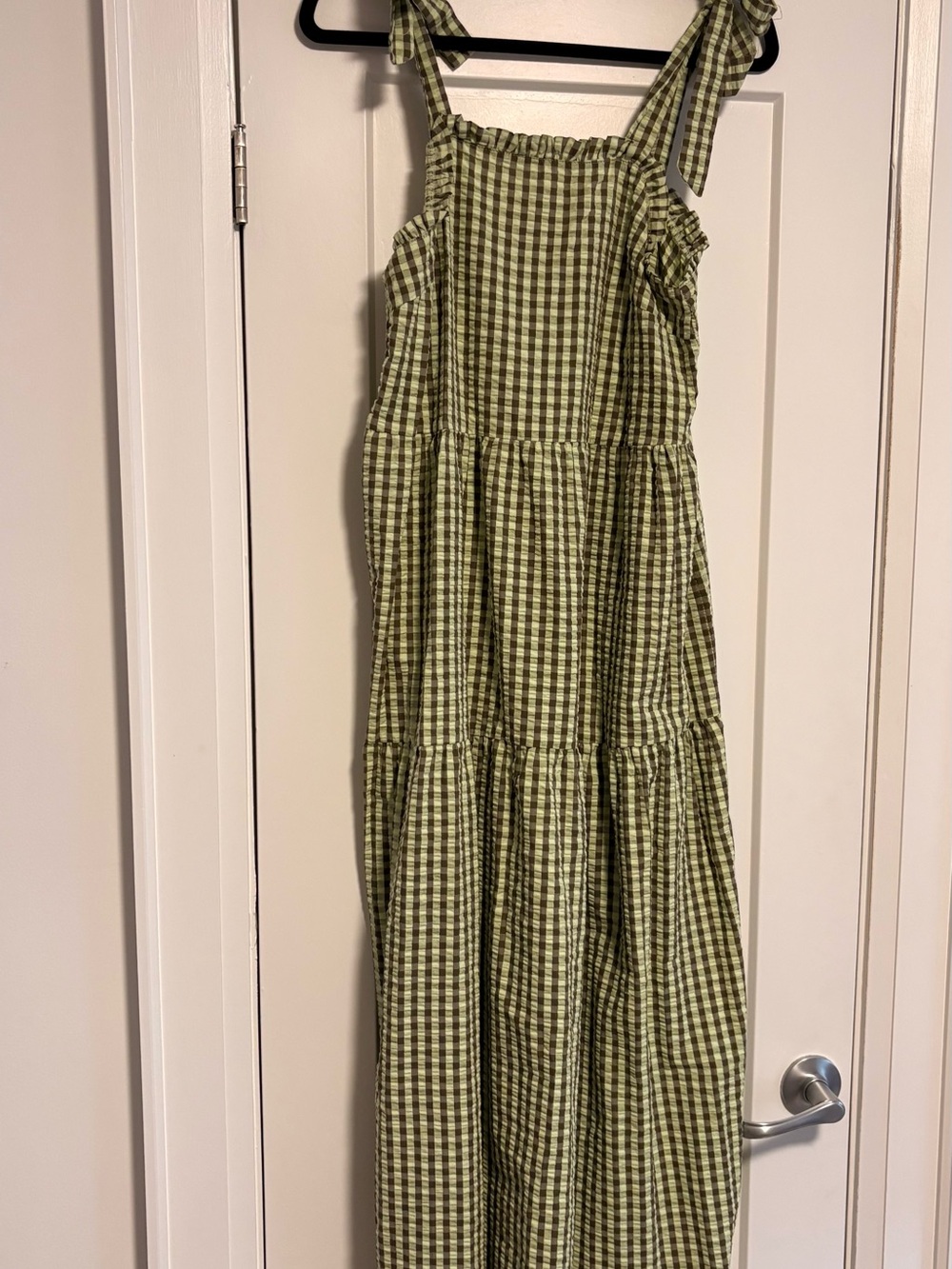 Noisy May Olive Green Gingham Midi Tie-Shoulder Dress - S